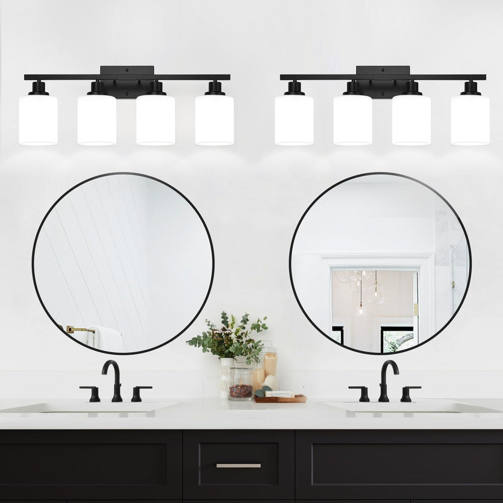 4-Light Bathroom Light Fixtures, Vanity Light with Milky White Shades, Matte Black Bathroom Light Fixtures Over