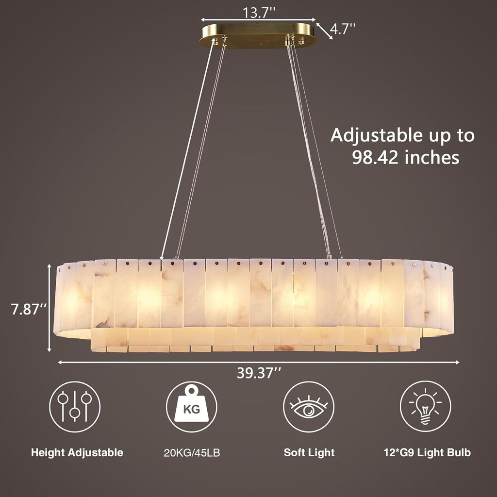 Alabaster Rectangular Chandelier for Dining Room, L39in Gold Large Chandeliers, Marble Modern Pendant Light Fixture for Living Room, Bedroom,Dining Table,Kitchen Island