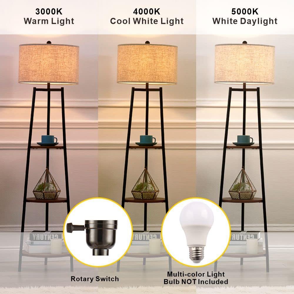 Floor Lamp, Standing Reading Light with Shelves and Fabric Shade, Modern Tall Pole Lamp