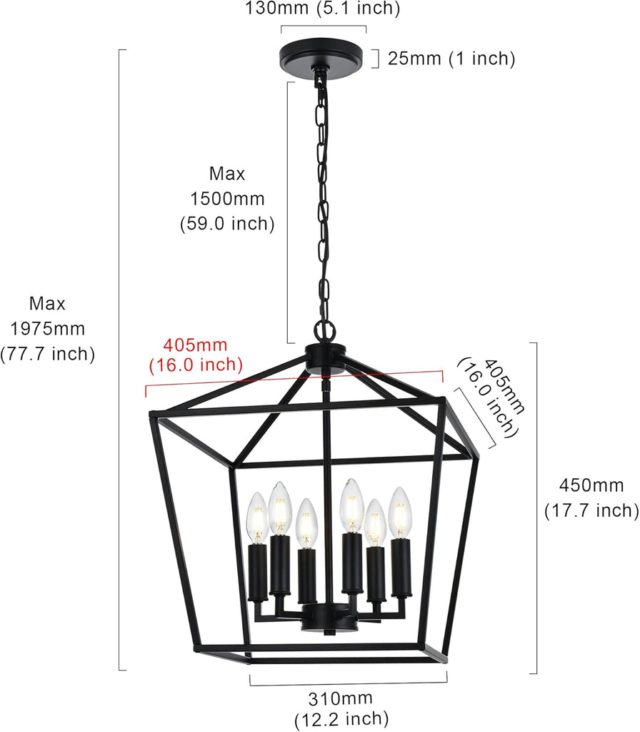 6-Light Black Farmhouse Chandelier 16 Inches Cage Hanging Lights Rustic Lantern Pendant Lighting for Kitchen Island Dining Room Foyer Hallway, E12 Base