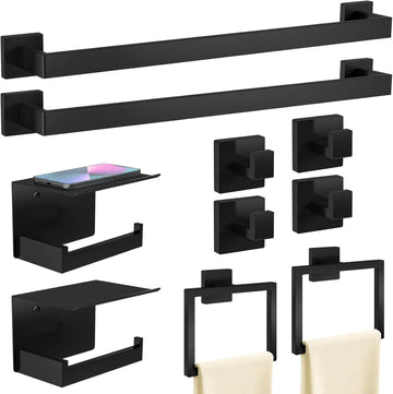 10-Piece Matte Black Bathroom Hardware Accessories Set | 24 inch Towel Bar, Stainless Steel Towel Racks , Bath Towel