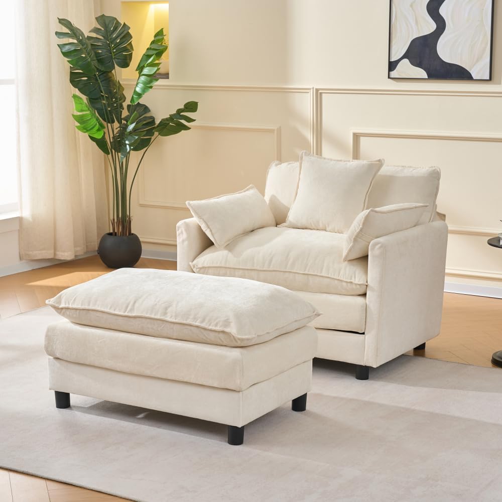 Luxe Oversized Lounge Chair and Ottoman — Beige Chenille