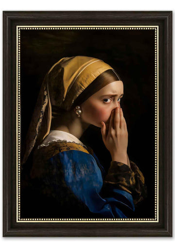 Dark Brown Framed Vintage Funny Bathroom Wall Art Humor Girl With A Pearl Earring Pinching Her Nose Painting Picture
