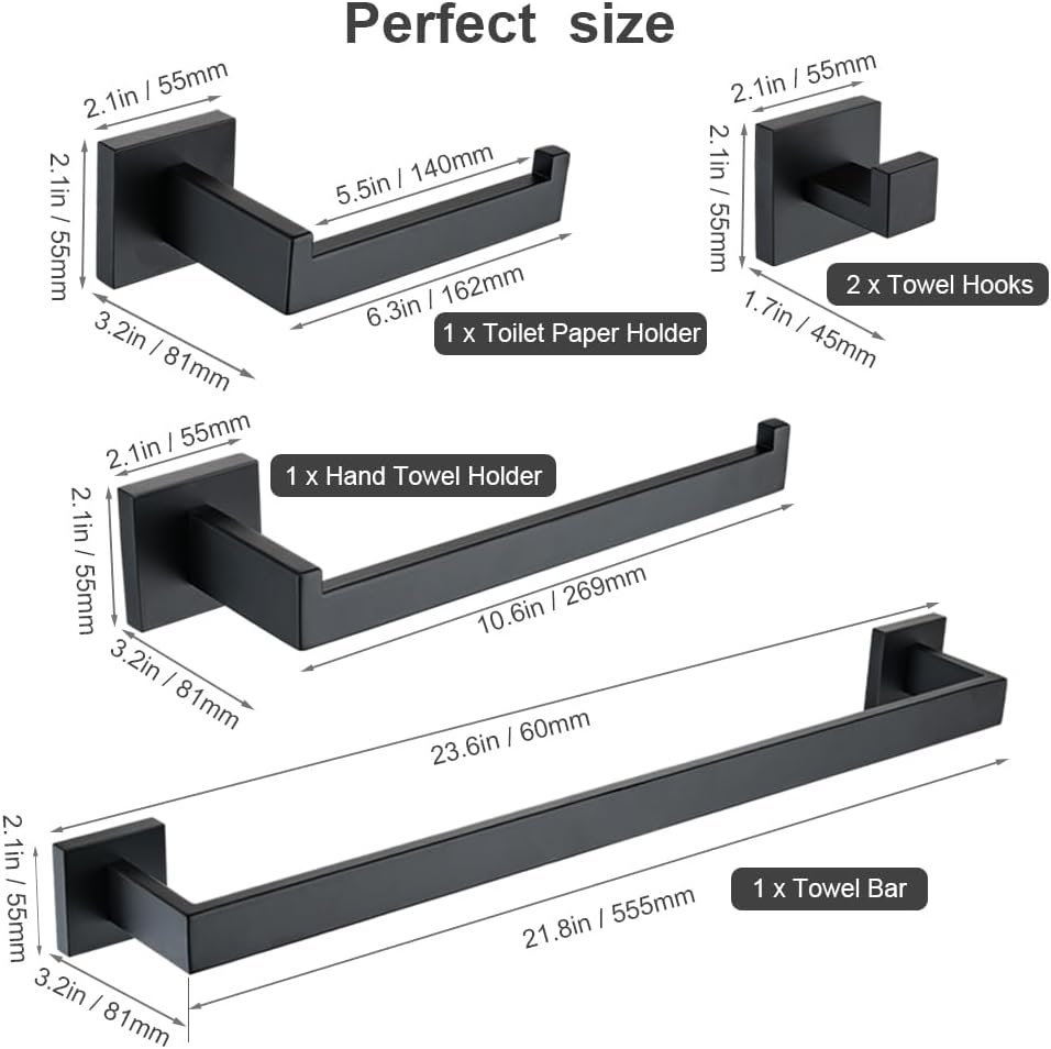 Matte Black Bathroom Hardware Set 5-Piece, Modern Square SUS304 Stainless Steel Bath Accessory Kit with 23.6" Towel