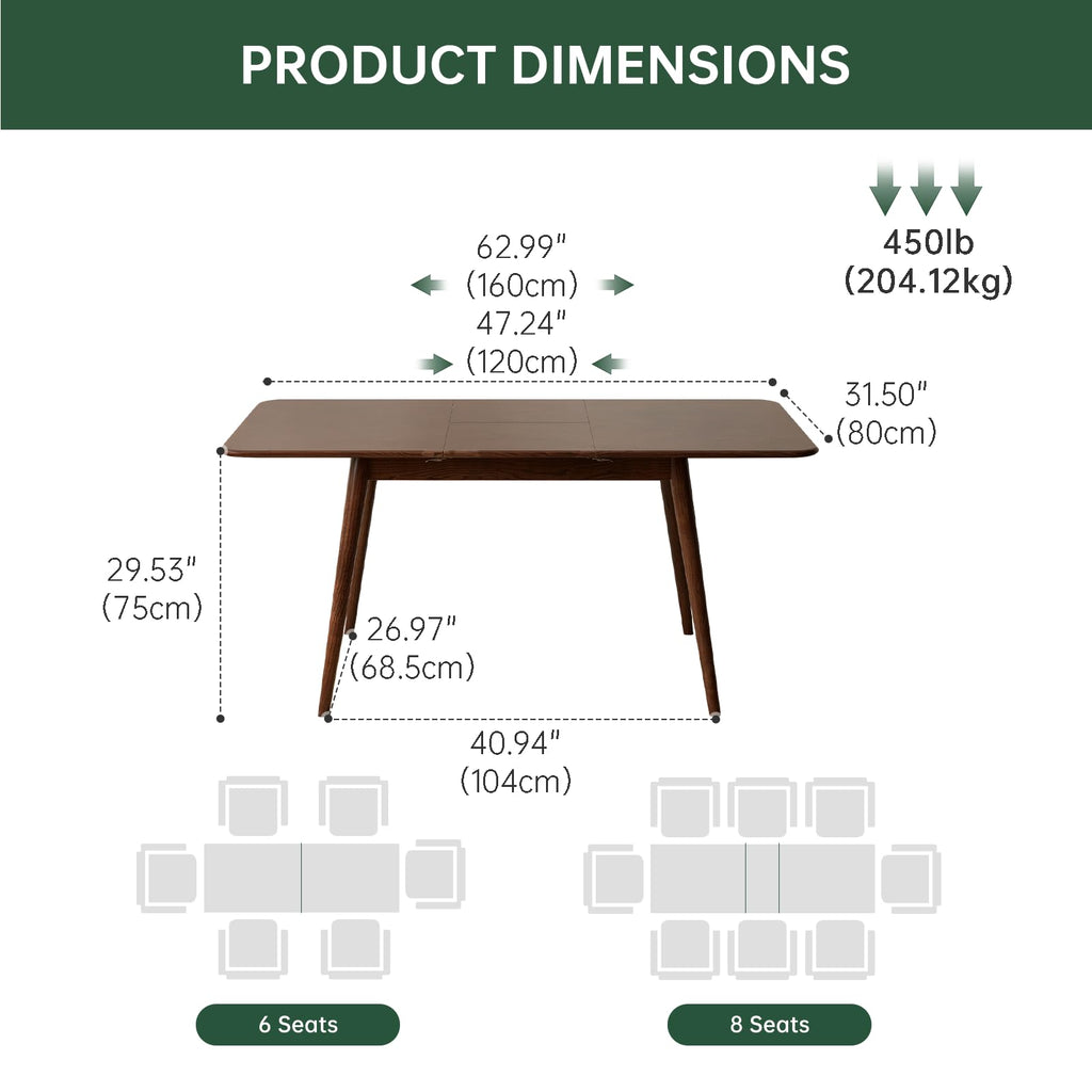 47''-63'' 100% Oak Extendable Dining Table, Solid Wood Folding Kitchen Table, Mid Century Modern Dinner Table