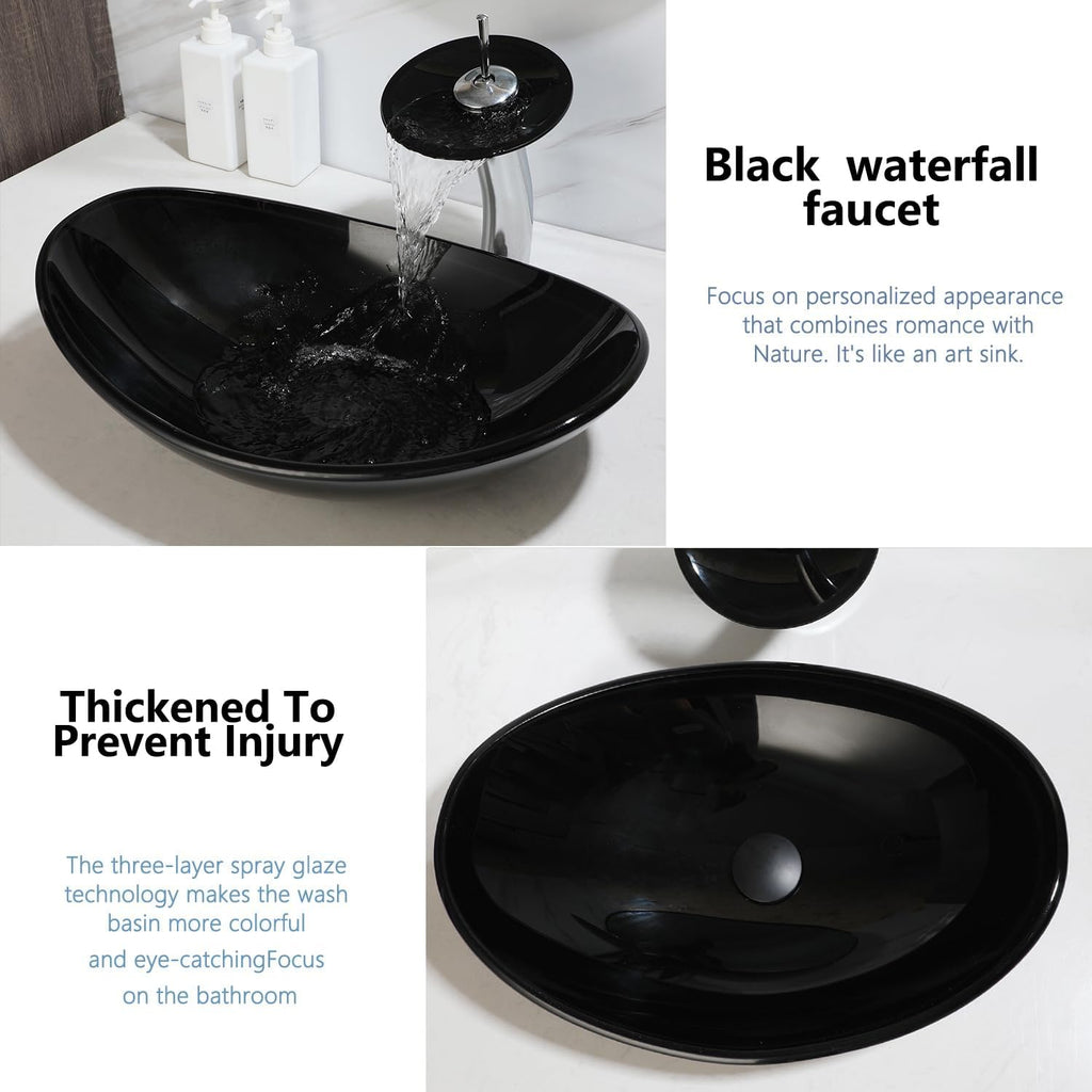 Black Oval Bathroom Vessel Sink Tempered Glass Washing Bowl Combo Above Counter Chrome Waterfall Faucet Pop Up Drain Set