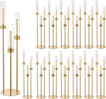 16PCS Gold Candle Holders, 3 Arm Candelabra Centerpiece with Acrylic Lampshade, Tall Metal Candlestick Holder Stand