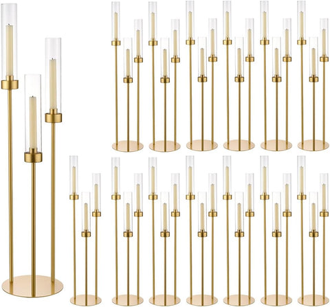16PCS Gold Candle Holders, 3 Arm Candelabra Centerpiece with Acrylic Lampshade, Tall Metal Candlestick Holder Stand