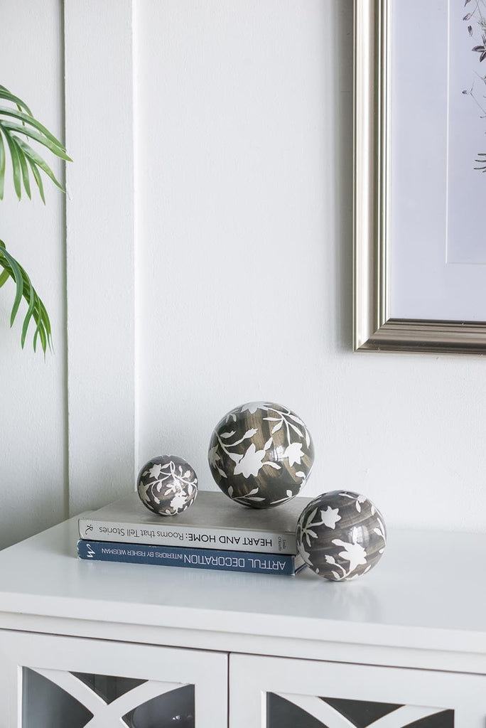 Set of 3 Ceramic Decorative Spheres - Handcrafted Floral Gray Orbs, Different Sizes, Decor, Tabletop Accent, Shelf