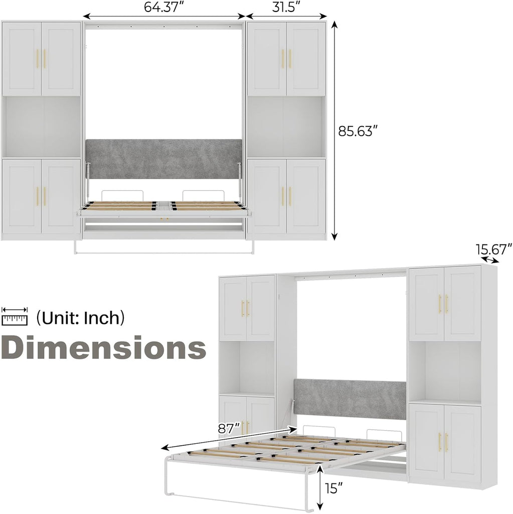 Farmhouse Murphy Bed Queen, 85" Wall Bed Folds to Save Space, Concealed Bed Frame with 2 Storage Cabinets and Wall