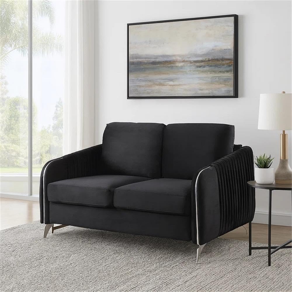 54" Loveseat, Jet Black Velvet Upholstery, Vertical Quilted Back, Angled Metal Legs, Sloped Armrests with Chrome