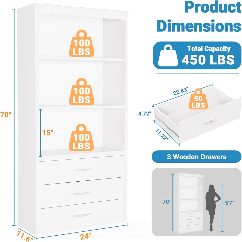 24"W Closet Organizer System with 3 Drawers & Shelves, White | DIY Modular Closet Organizer, Freestanding Wood Closet