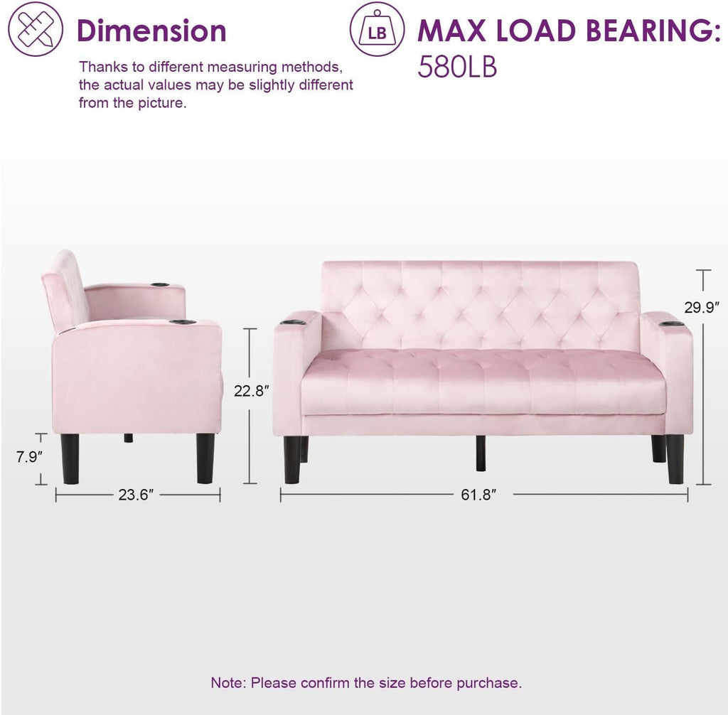 Mid-Century Modern Tufted Pink Velvet Loveseat Sofa Set w/ 2 USB & 2 Cupholders, 2 Piece Living Room Furniture Sets