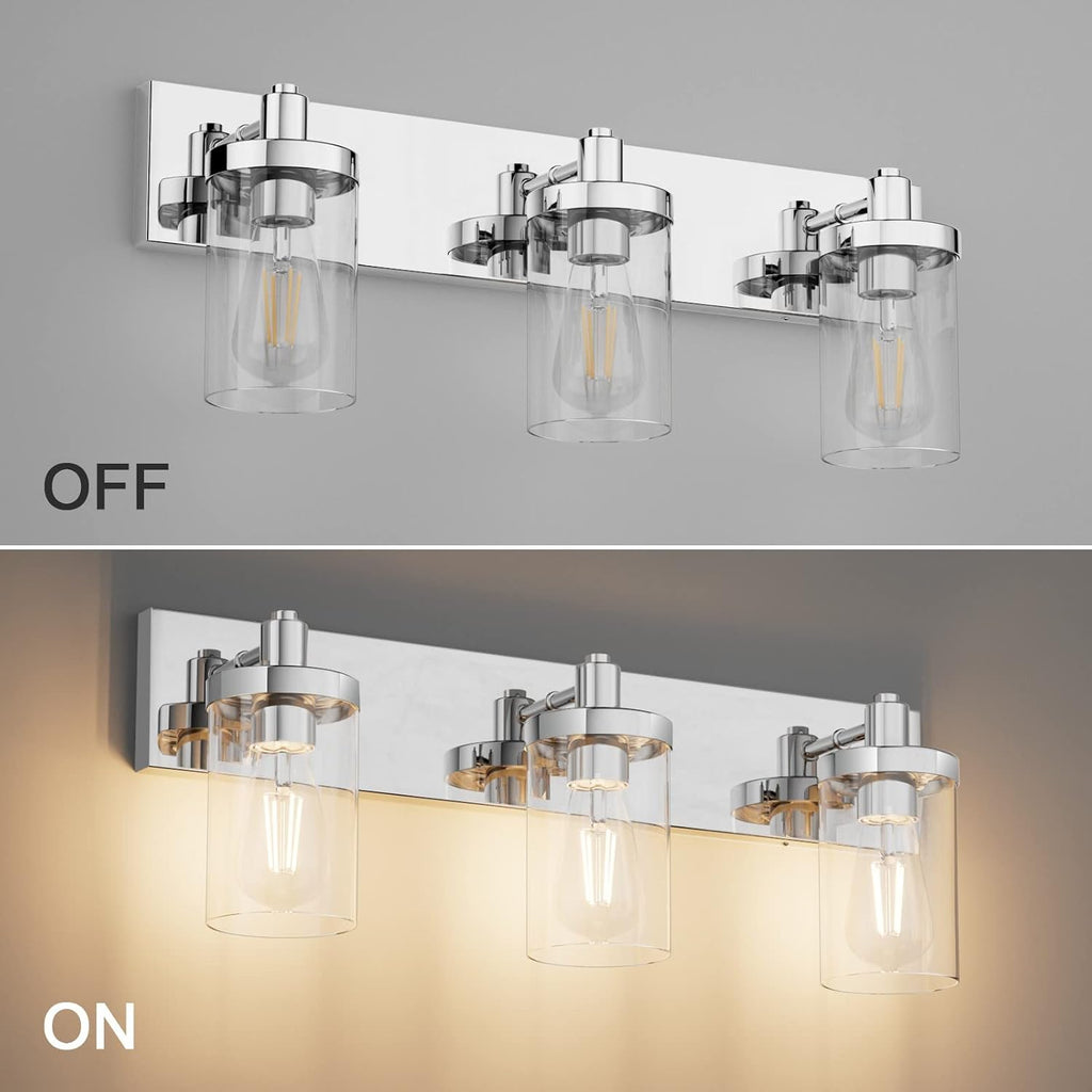 Chrome Vanity Light 3 Light Farmhouse Bathroom Lights Fixtures Over Mirror with Clear Glass Shade(Exclude Bulb)