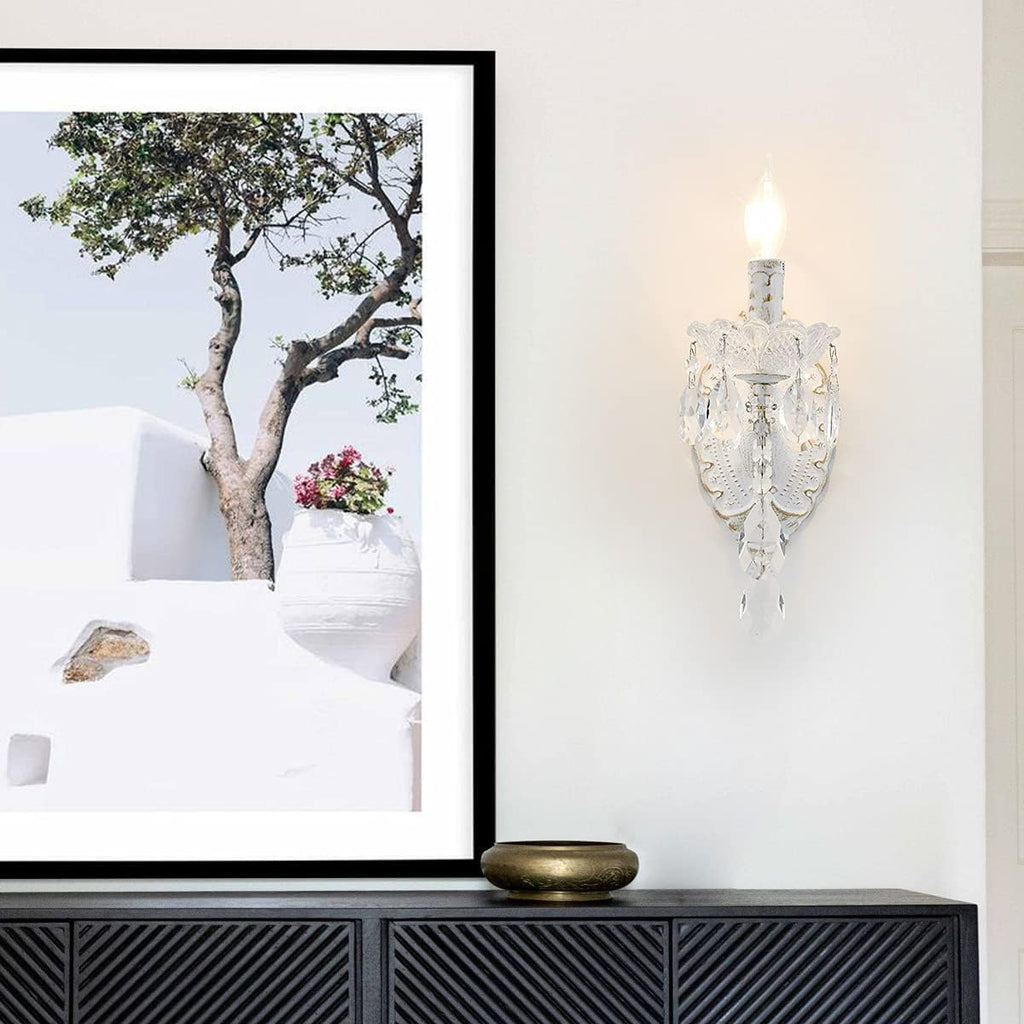 1-Light Distressed White Crystal Wall Sconce, Vintage Farmhouse Candle Style Wall Lamp, French Country Crystal Drop