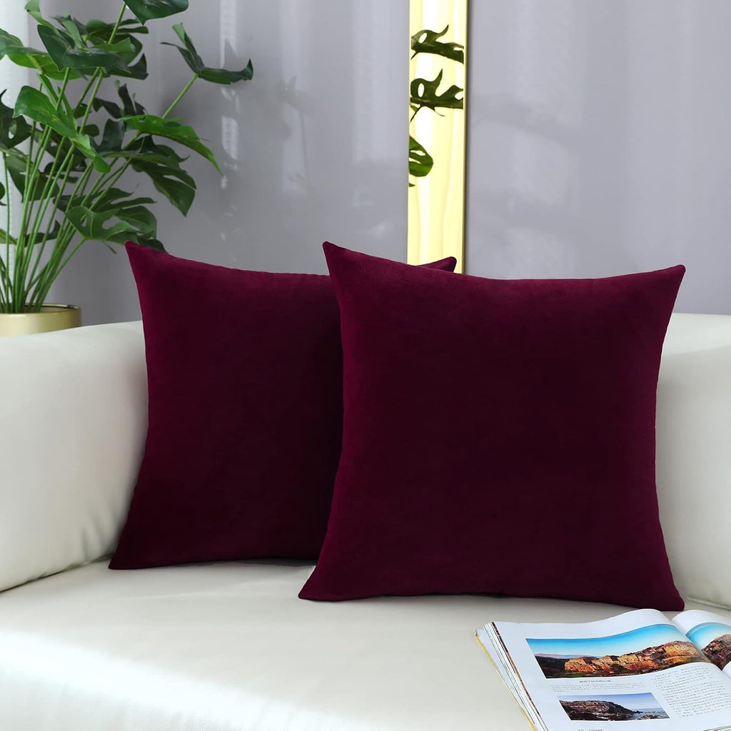 Comfy Burgundy Red Throw Pillow Covers Decorative Square Solid Thick Velvet Super Soft Cushion Cases Home Decor, Set