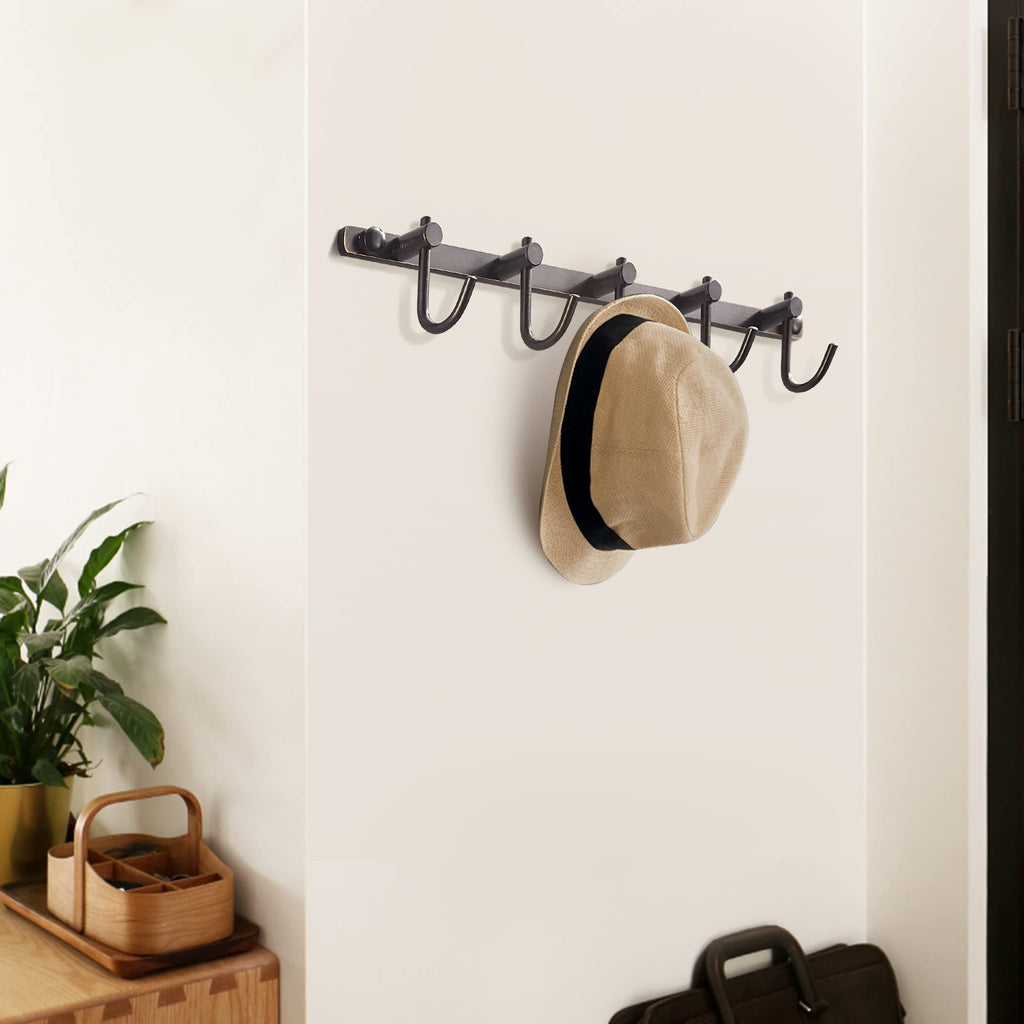 Bronze Towel Hooks, Bathroom Rail Hook Rack Wall Mounted, Antique Oil Rubbed Brass Cloth Coat Rack with 5 Hooks