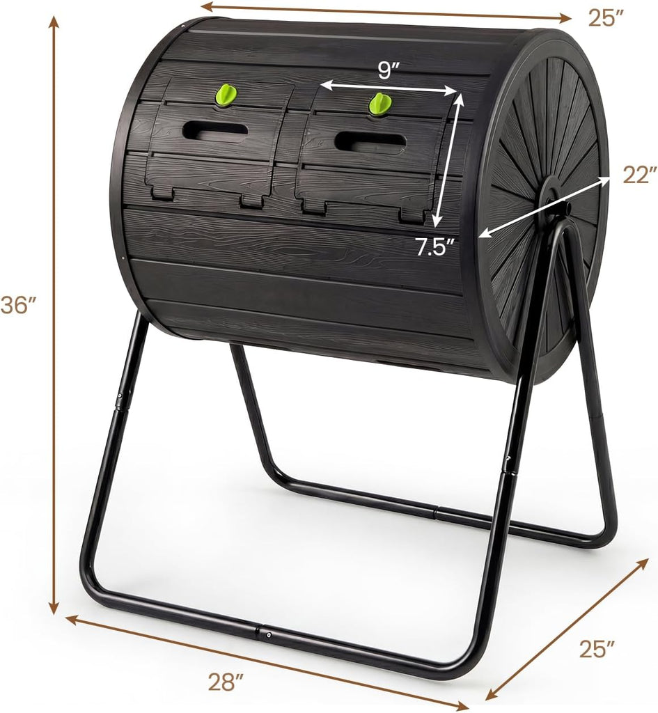 37.5 Gallon Outdoor Dual Chamber Compost Tumbler, Black