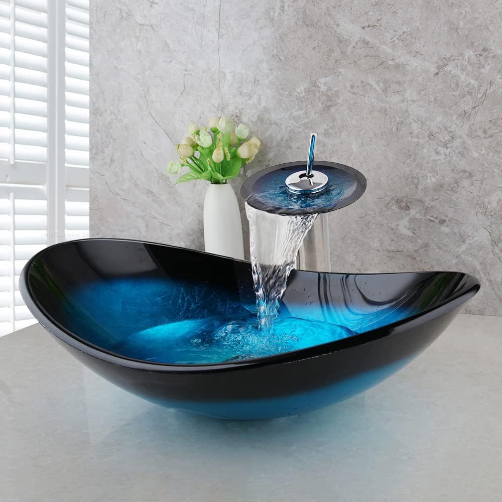 Oval Blue Glass Vessel Sink 22x14 Inch with Waterfall Faucet and Pop-Up Drain Tempered Glass Basin Top Mount Bathroom