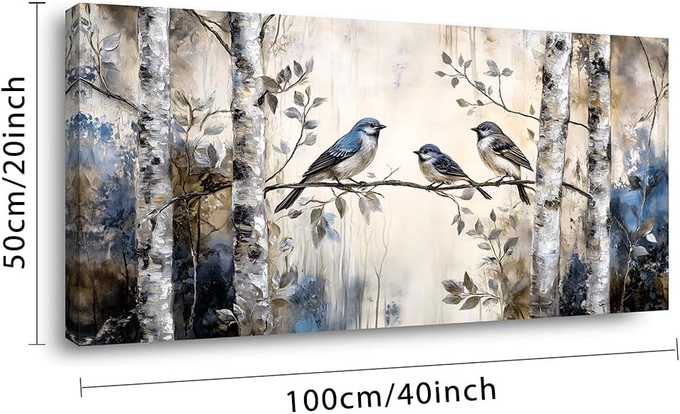 Beige Sparrow Bird Wall Art Decor Cute Chickadee Birds Canvas Pictures Birch Tree Woods Painting Prints Deco Wildlife