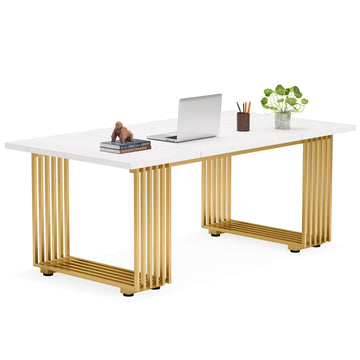 70.9" White Office Desk, Modern Executive Desk with Gold Metal Legs, Large Home Office Desks, Wood Computer Desk