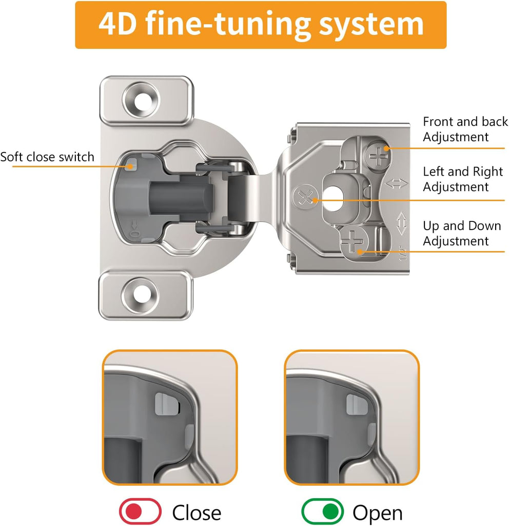 50 Pack 7/16" Overlay 4D Concealed Hinges for Face Frame Door, Soft Close On/Off Switch, Self Closing, 105° Open Angle