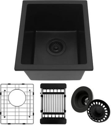 Black Bar Sink, 13" x 15" Granite Composite Undermount Kitchen Sink