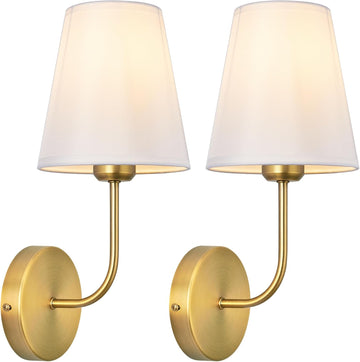 Antique Brass Hardwired Wall Sconce Set of 2 - Gold Finish with White Fabric Shades，Bedroom Lighting, Living Room