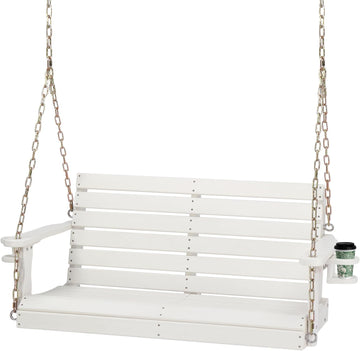4FT HDPE Porch Swing Outdoor with Rotatable Cup Holder, White | 1600 LBS Heavy Duty Recycled Plastic Porch Swing with