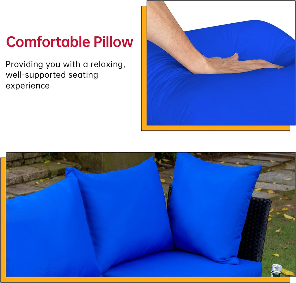 5 Piece Patio Furniture Set, Outdoor Wicker Sectional Sofa Conversation Set with Glass Top Coffee Table - Blue