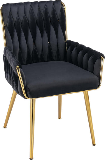 Home Office Desk Chair, Upholstered Hand Weaving Desk Chairs with Golden Metal Legs & Armrest, Modern Accent Chairs