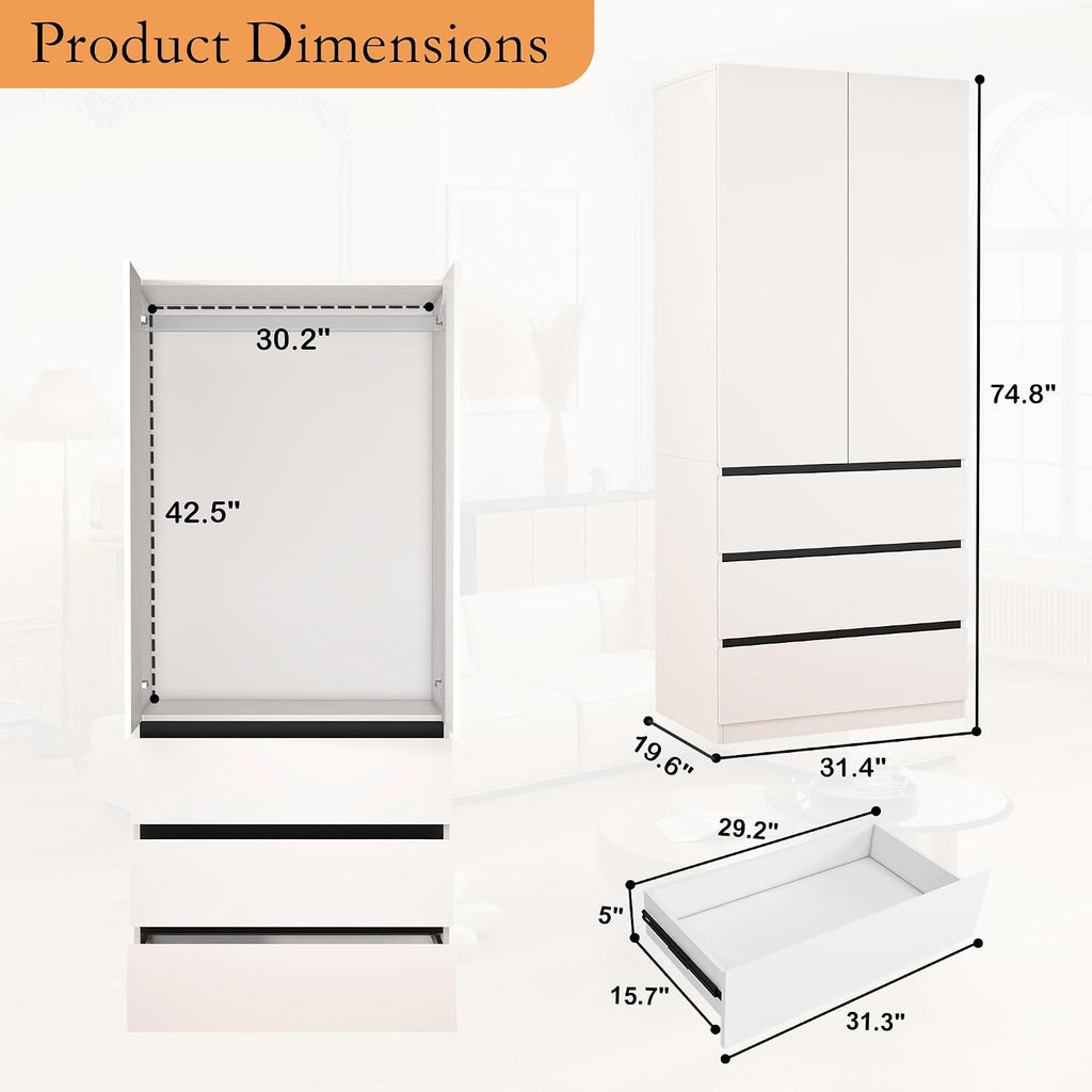 Armoire Wardrobe Closet with Drawers:75" Large White Wardrobe Closet Cabinet with 2 Doors for Hanging Clothes, Modern