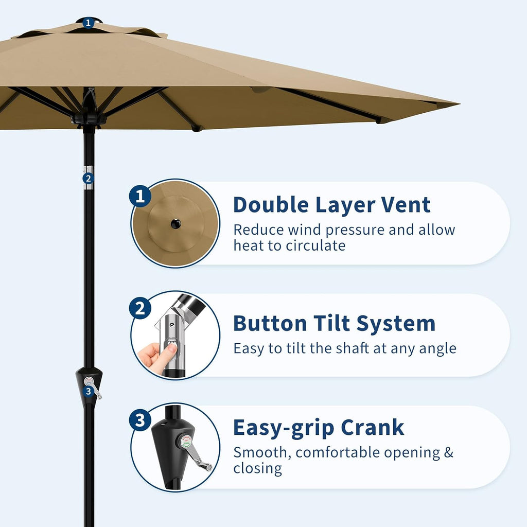 10FT Patio Umbrella - Outdoor Table Umbrella with Smooth Crank Lift, Push Button Tilt and 8 Sturdy Ribs