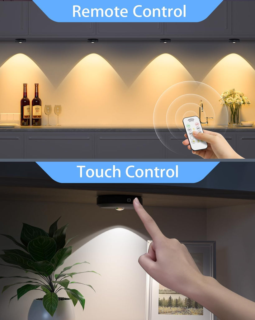 Puck Lights with Remote Control, Rechargeable Under Cabinet Lights, 1200mAh Battery Operated Tap Lights, Dimmable