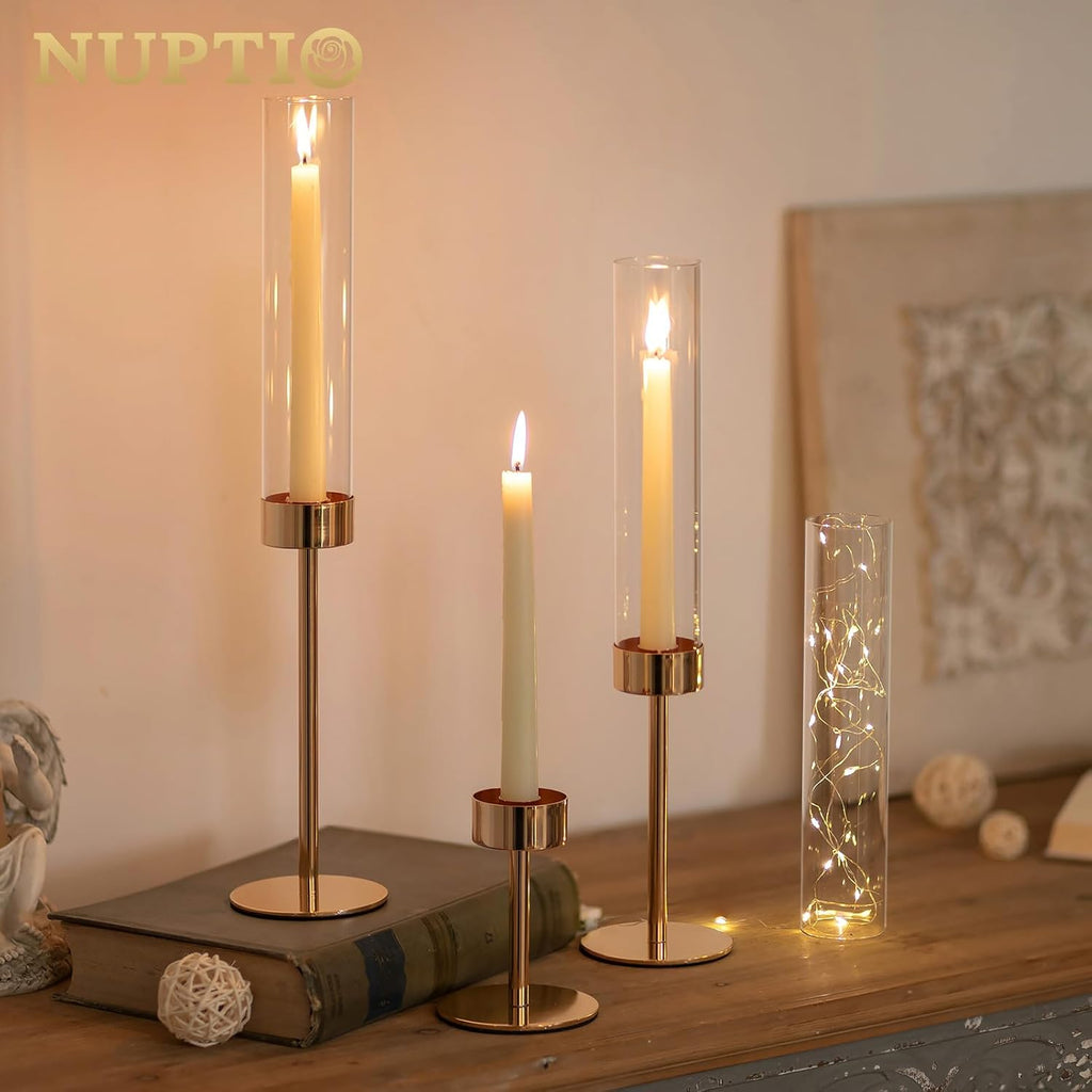Hurricane Candle Holder for Candlestick: 6 Pcs Gold Taper Candlestick Holders - Tall Modern Candles Stick Decor with
