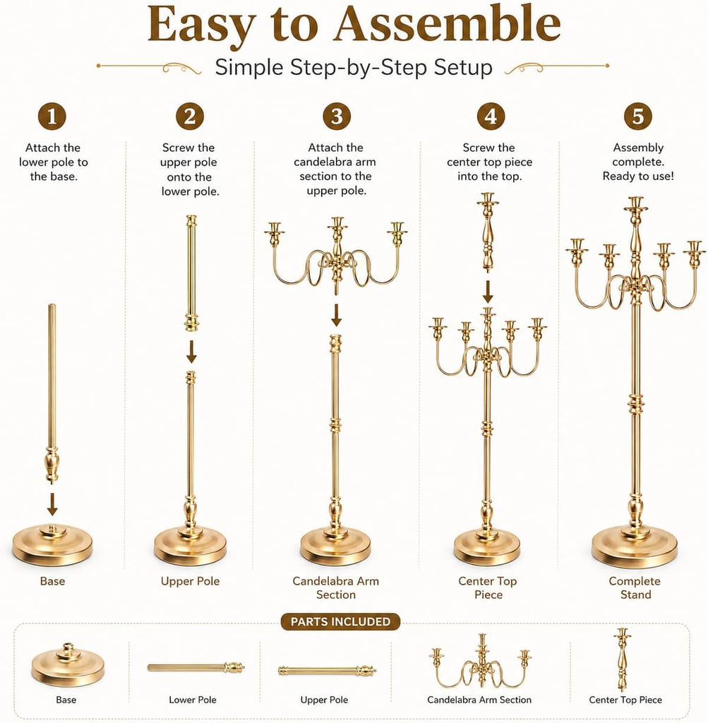 Gold Candelabra Floor Candle Holders, 2 Pack 50 Inch Tall 5 Arm Metal Candelabra Centerpieces for Tables, Wedding