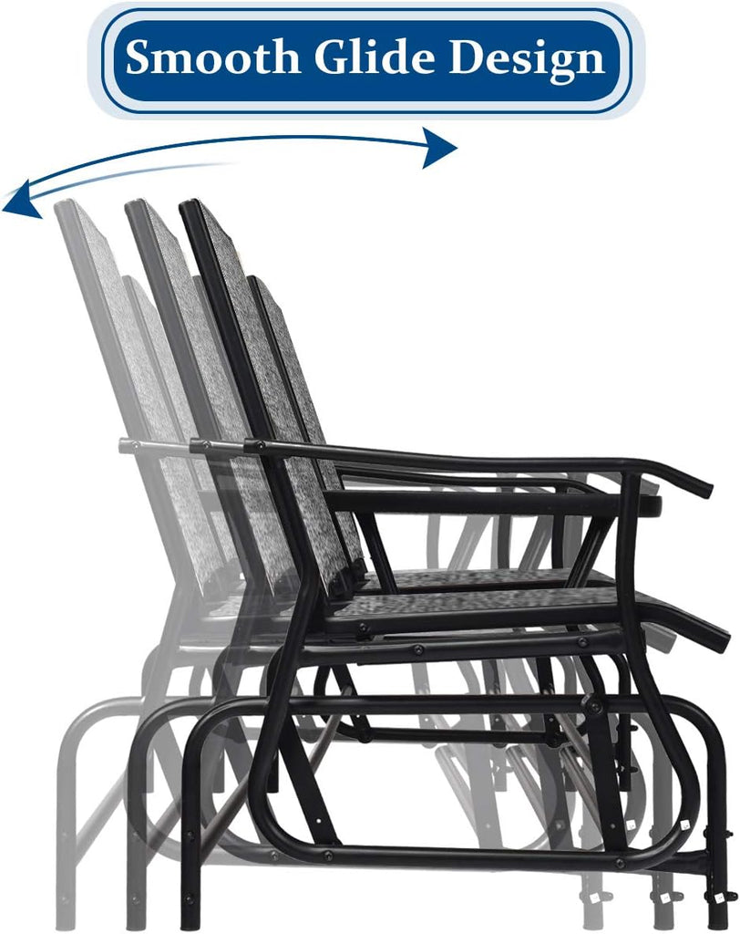 Patio Bench Glider Chair with Metal Frame, Center Tempered Glass Table, Outside Double Rocking Swing Loveseat for