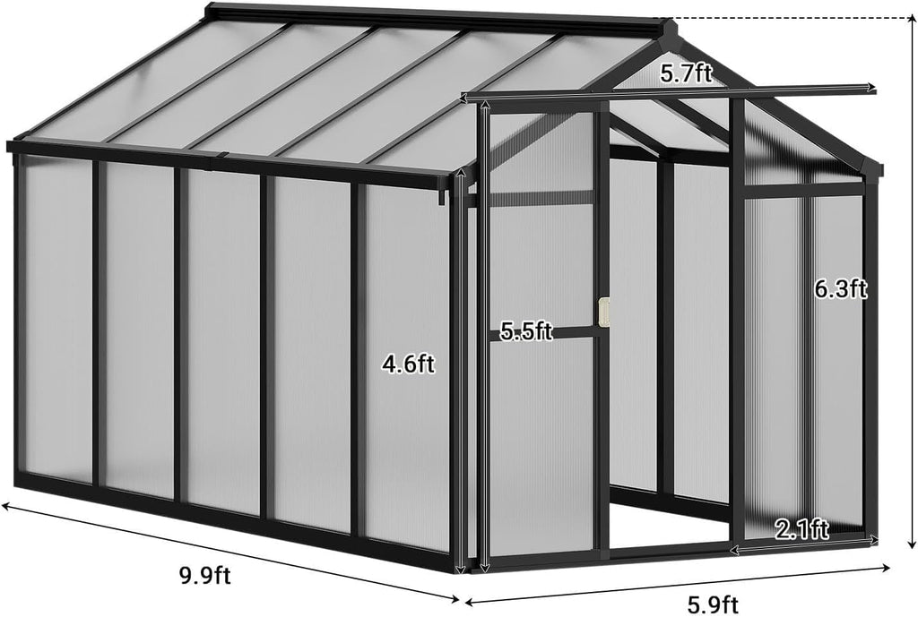 6x10 FT Greenhouse, Outdoor Sliding Door, Polycarbonate Greenhouse with Aluminum Frame, Lockable Door and Ajustable