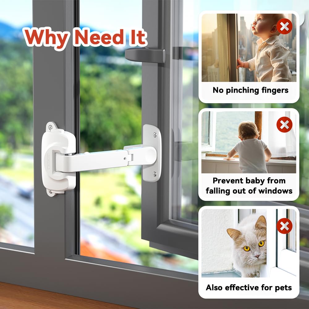 2 Pack Updated Baby Window Safety Lock, Childproof Window Restrictor for UPVC, Adjustable Winodw Guard for Wooden