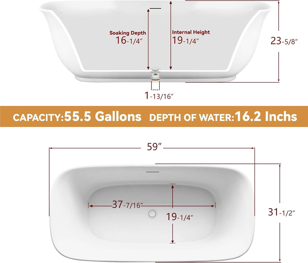 59" Free Standing Tub, Pure Acrylic Freestanding Bathtub, Stylish Stand Alone Contemporary Deep Soaking Bath Tub