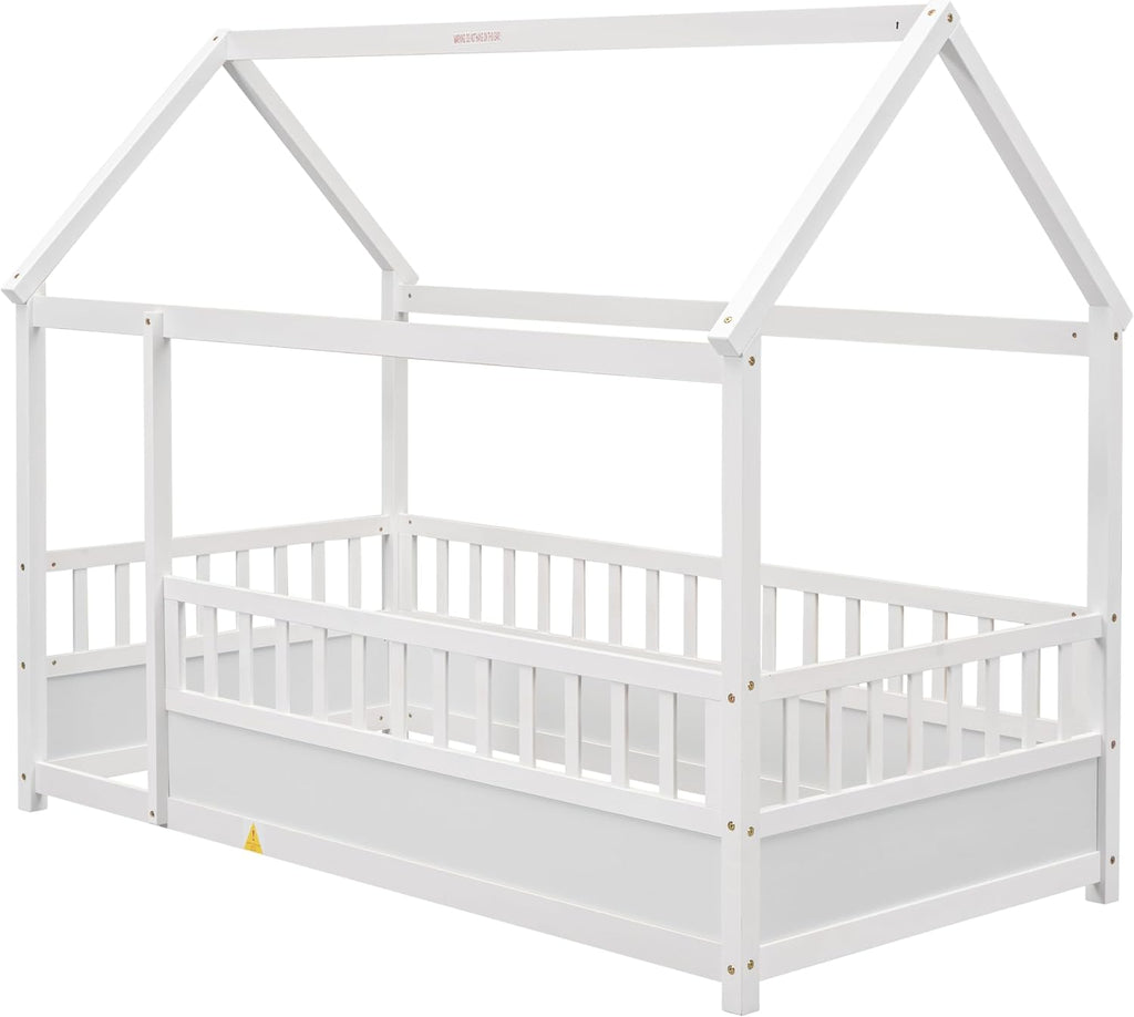 Kids Montessori Bed Twin Size, Twin Floor Bed with High Fence, House Beds for Kids, Girls, Boys, Wood Montessori