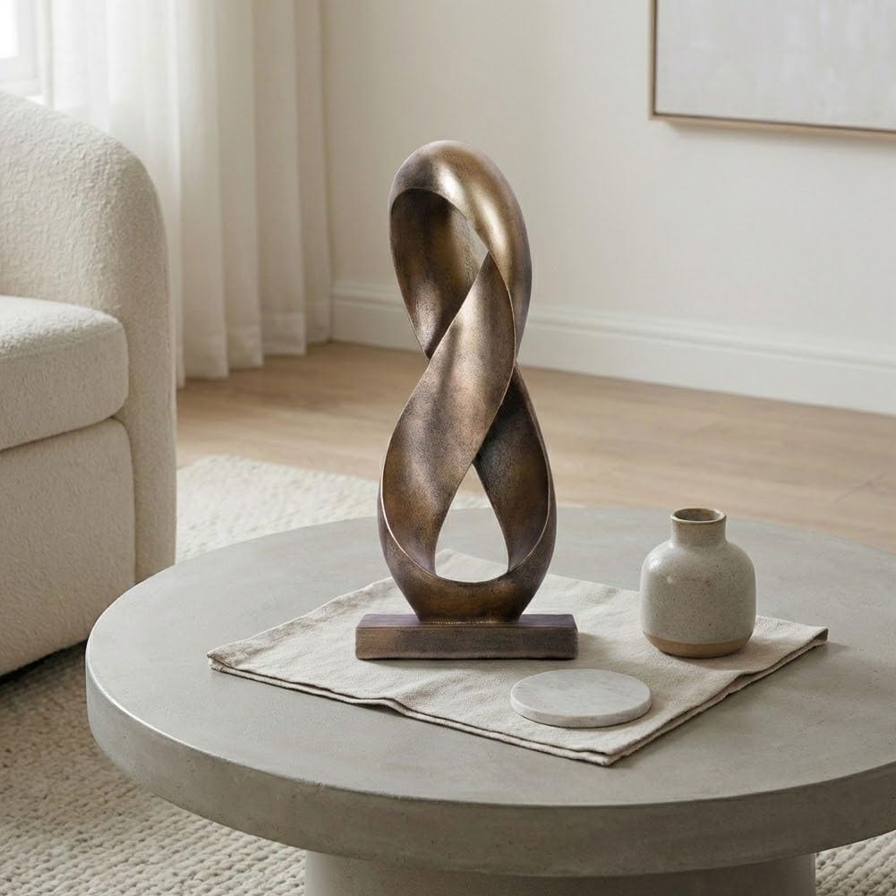 14.6" Tall Abstract Bronze-Finish Knot Sculpture, Modern Resin Infinity Loop Statue, Modern Tabletop Decor for Coffee