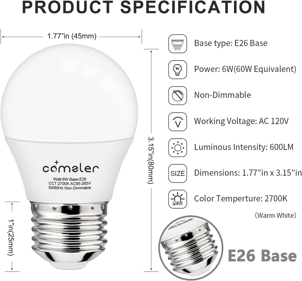 Small Light Bulb 6 Watts Warm White Light 2700K, 60 Watts Globe Light Bulb Equivalent, E26 Standard Screw Base