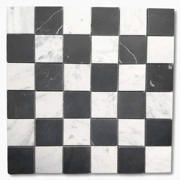 Carrara White & Nero Marquina Black Marble 2x2 Checkerboard Mosaic Tile Honed Kitchen Bath Wall Floor Backsplash