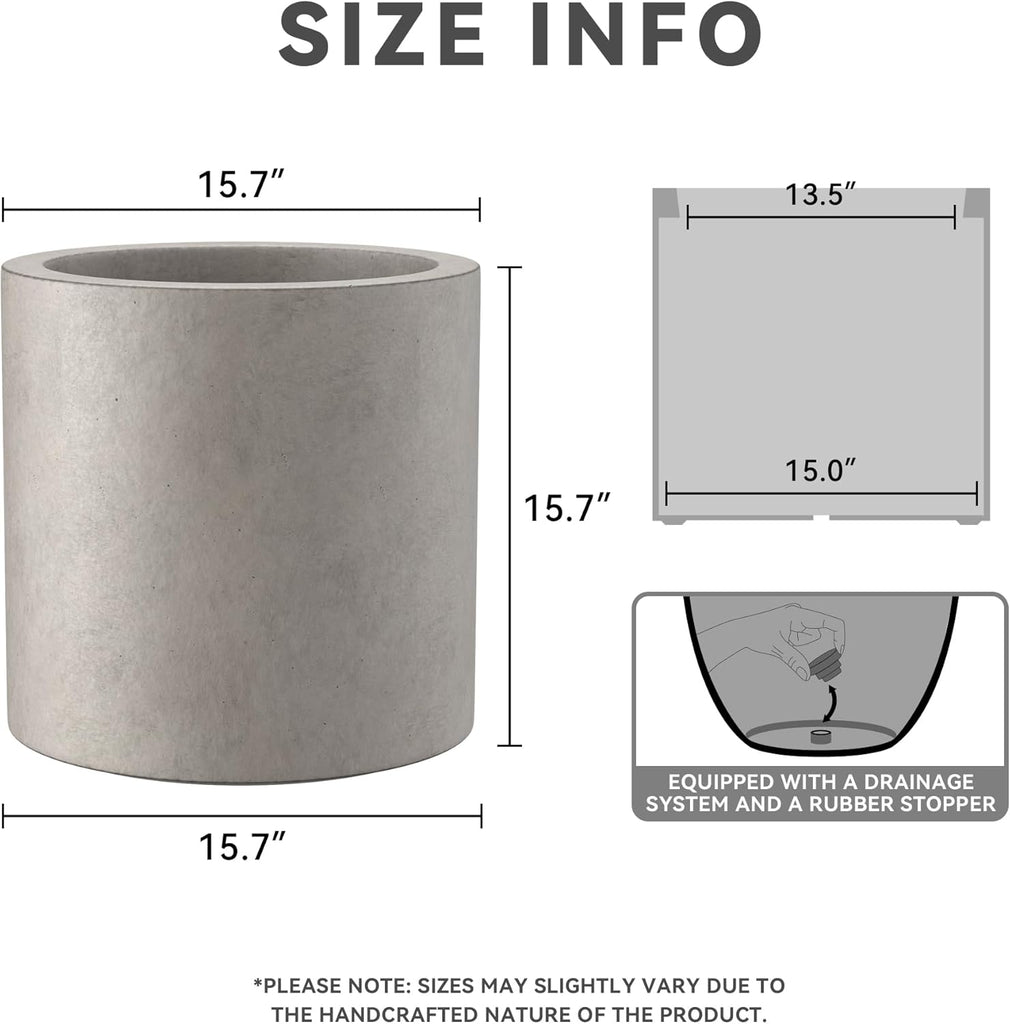 Large Round Cylinder Weathered Concrete Planter 15.8" Tall, Outdoor | Rubber Plug for Indoor, Drainage for Garden