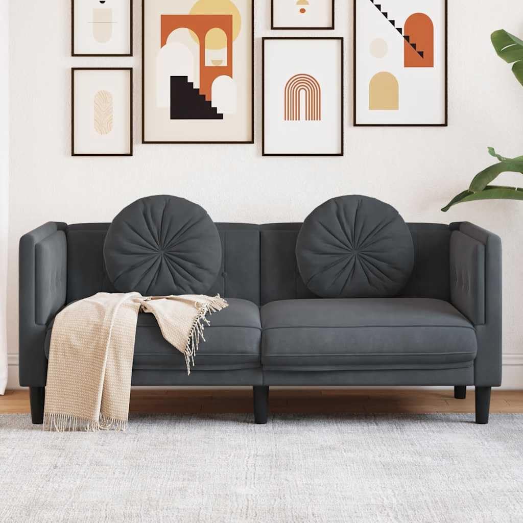 Dark Gray Velvet 2-Seater Sofa with Cushions, Small Loveseat with Thick Padded Seat and Armrests, Modern Couch with