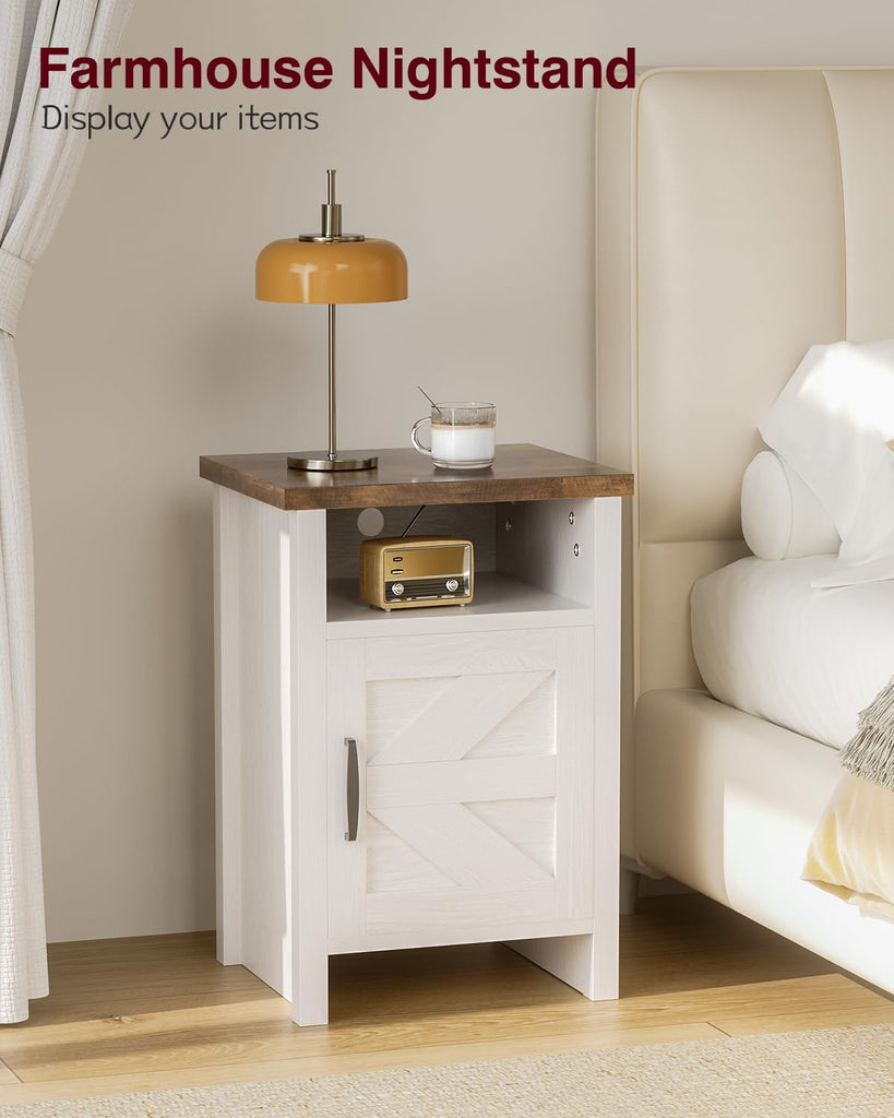 Farmhouse Modern Nightstand with Shelf and Barn Door, Set of 2 , White