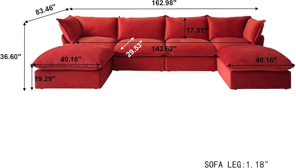 U-Shaped Couches for Living Room, Convertible Sectional Sofa, Modern Deep Seat Soft Cloud Couch, Modular Sectional Sofas with Two Ottomans for Living Room, Apartment (Red)