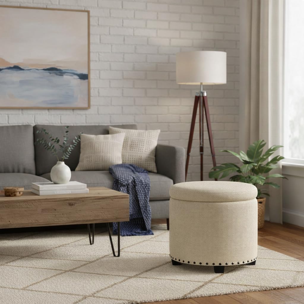 18.5" Round Storage Ottoman with Nailheads - Cream Woven