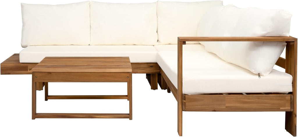 4pc Acacia Wood Outdoor Sectional Sofa Set with Cushions | Slatted Design - Modern Patio, Deck & Garden Seating for